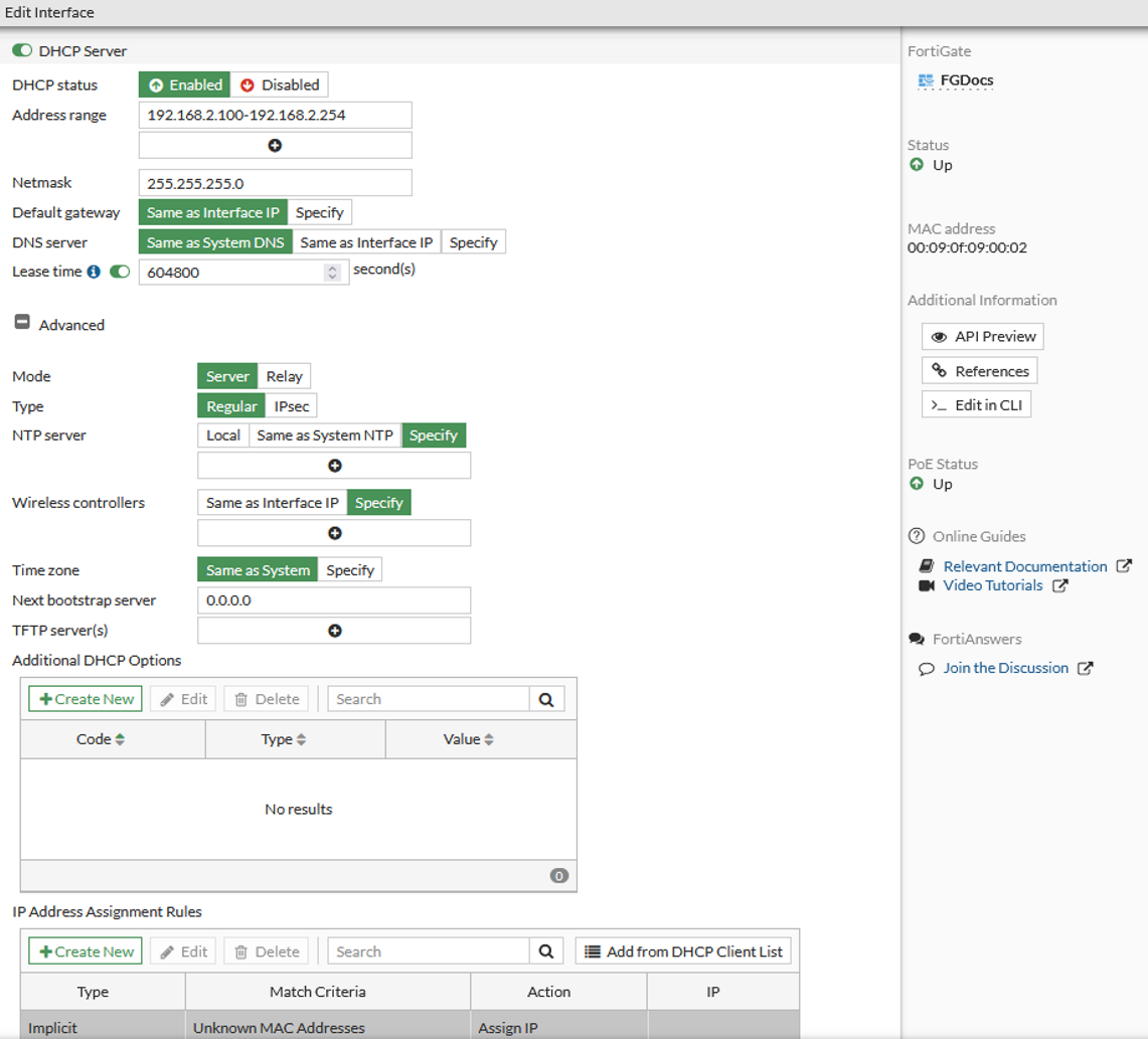 IP address assignment with relay agent information option FortiGate